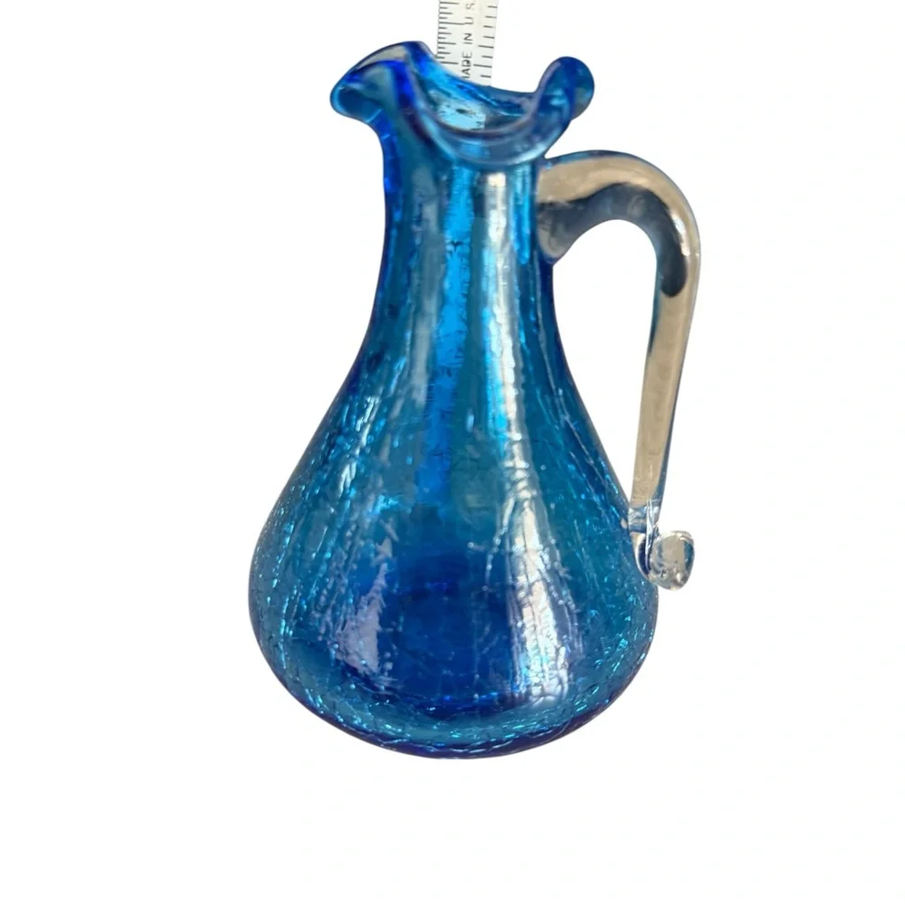 Vintage crackle glass Blue Pilgrim Hand Blown Small Pitcher